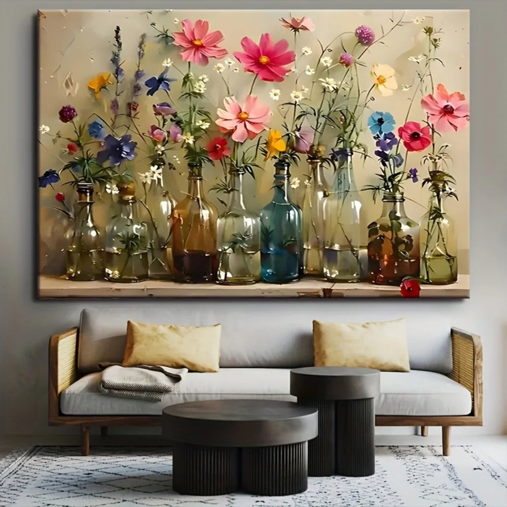 Bohemian floral vase canvas wall art with 1.5" solid wood frame