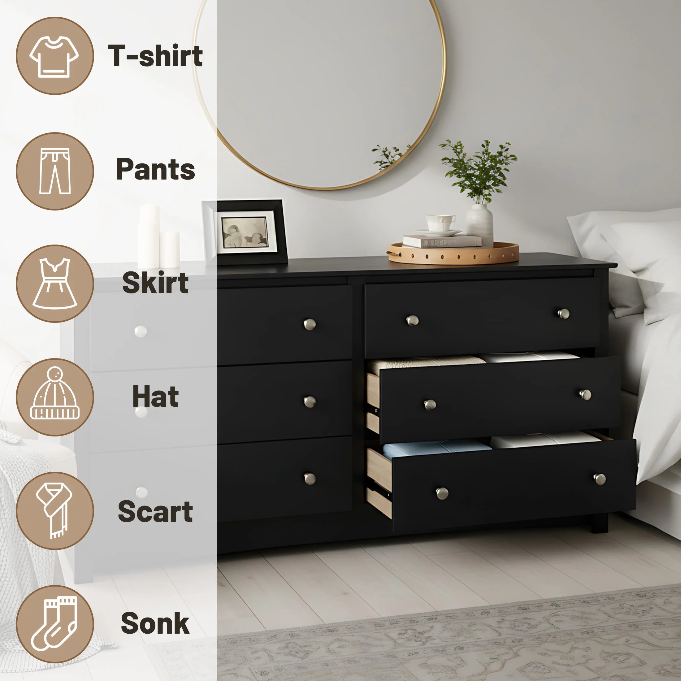 59IN Wood 6 Dresser Drawers Cabinet Stable Structure Storage Wide Chest of Drawers