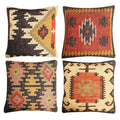 Set of 4 Turkish Handwoven Wool Jute Vintage Kilim Cushion Covers