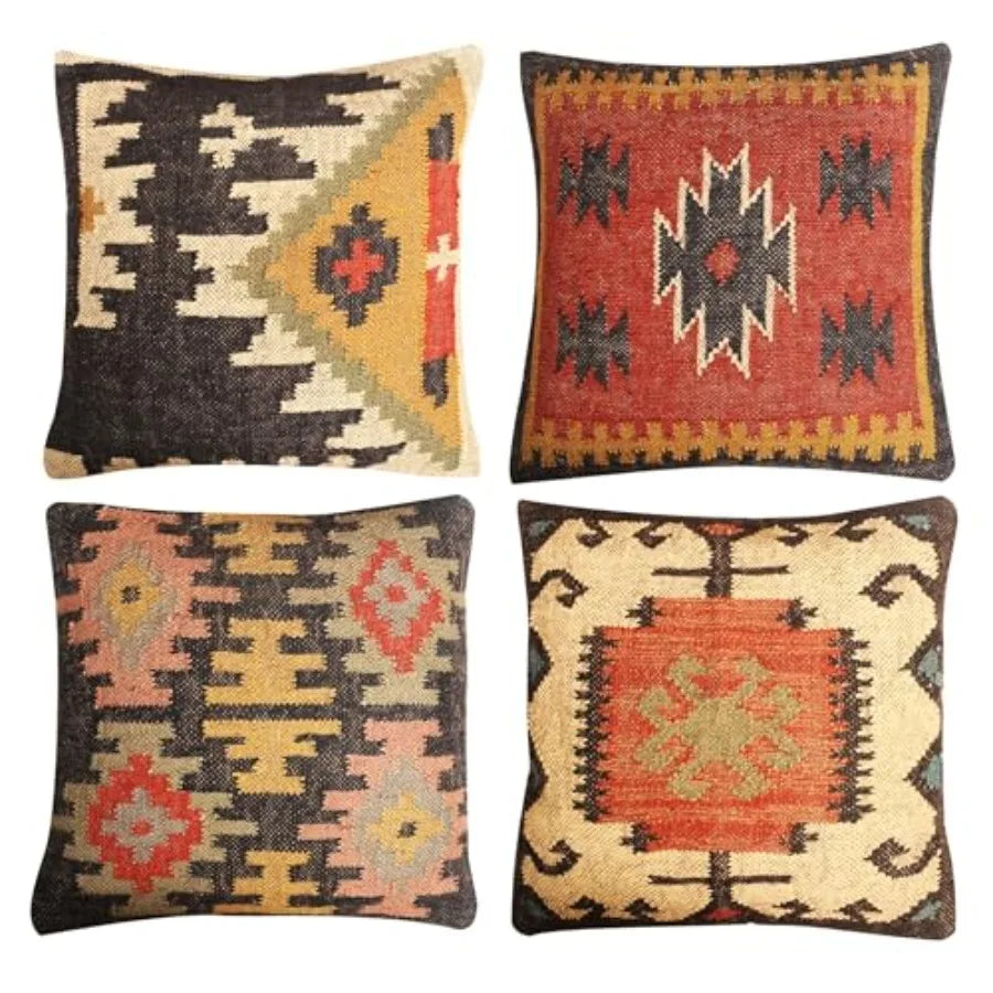 Set of 4 Turkish Handwoven Wool Jute Vintage Kilim Cushion Covers