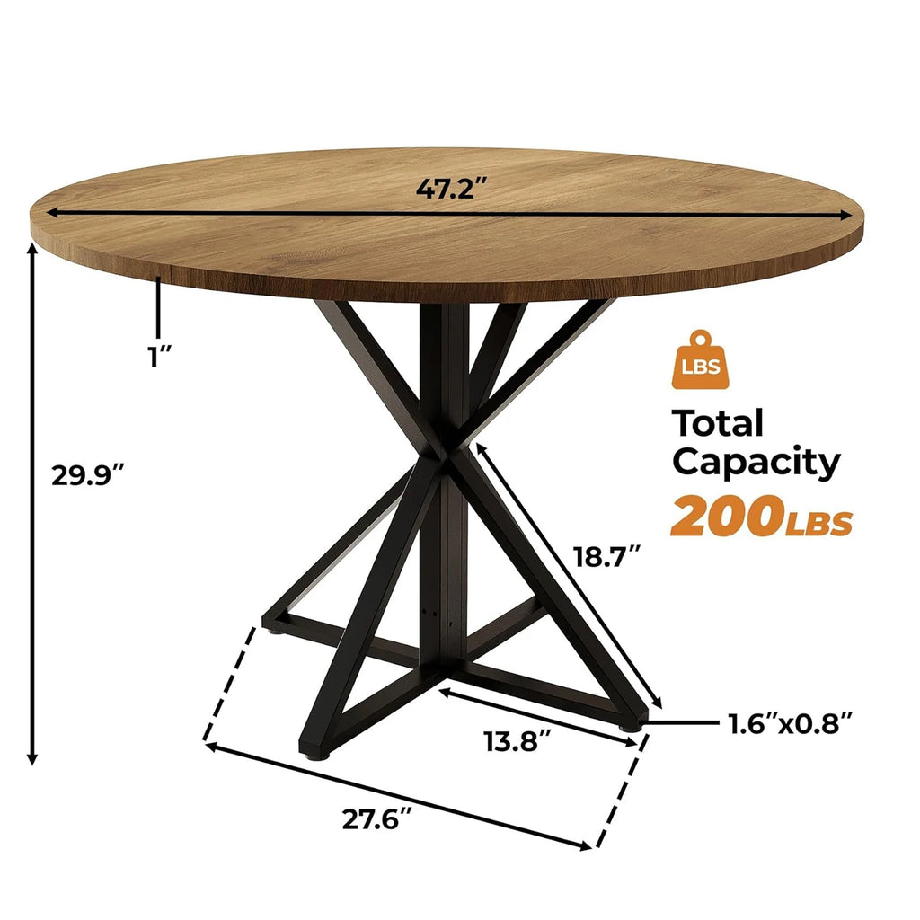 47" Round Dining Table for 4, Wood Top & Heavy-Duty Metal Pedestal