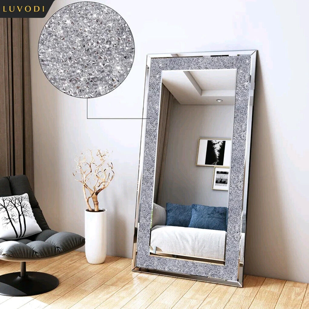 Large Silver Sparkly Crystal Rhinestone Diamond Frameless  Mirrors Wall Mounted