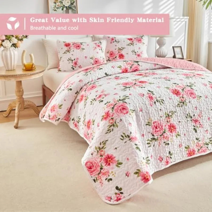 Floral Quilt Set 3 Pieces Queen Size White Pink Flower Soft Microfiber Lightweight Summer Reversible