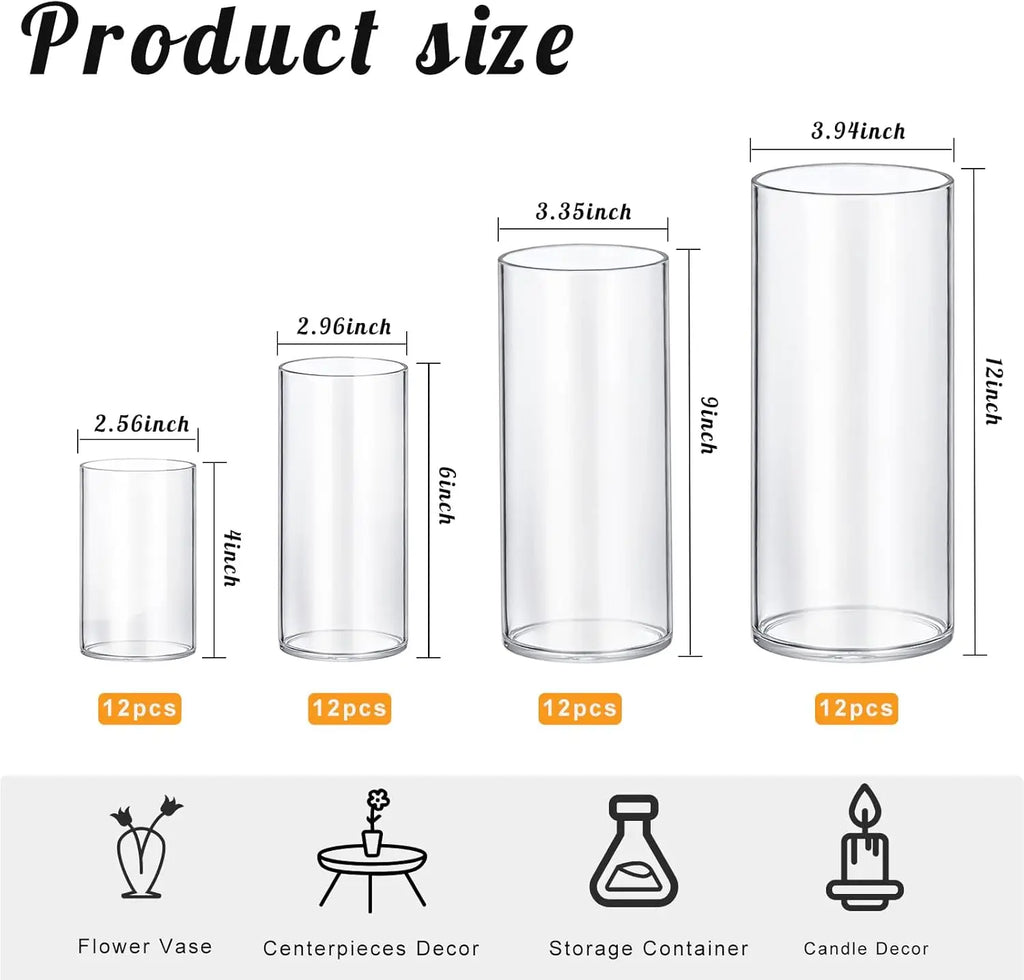48 Pack Thick Glass Cylinder Vases 4,6,9,12 Inch Tall Clear Flower Vase Hurricane Floating Candle Holder