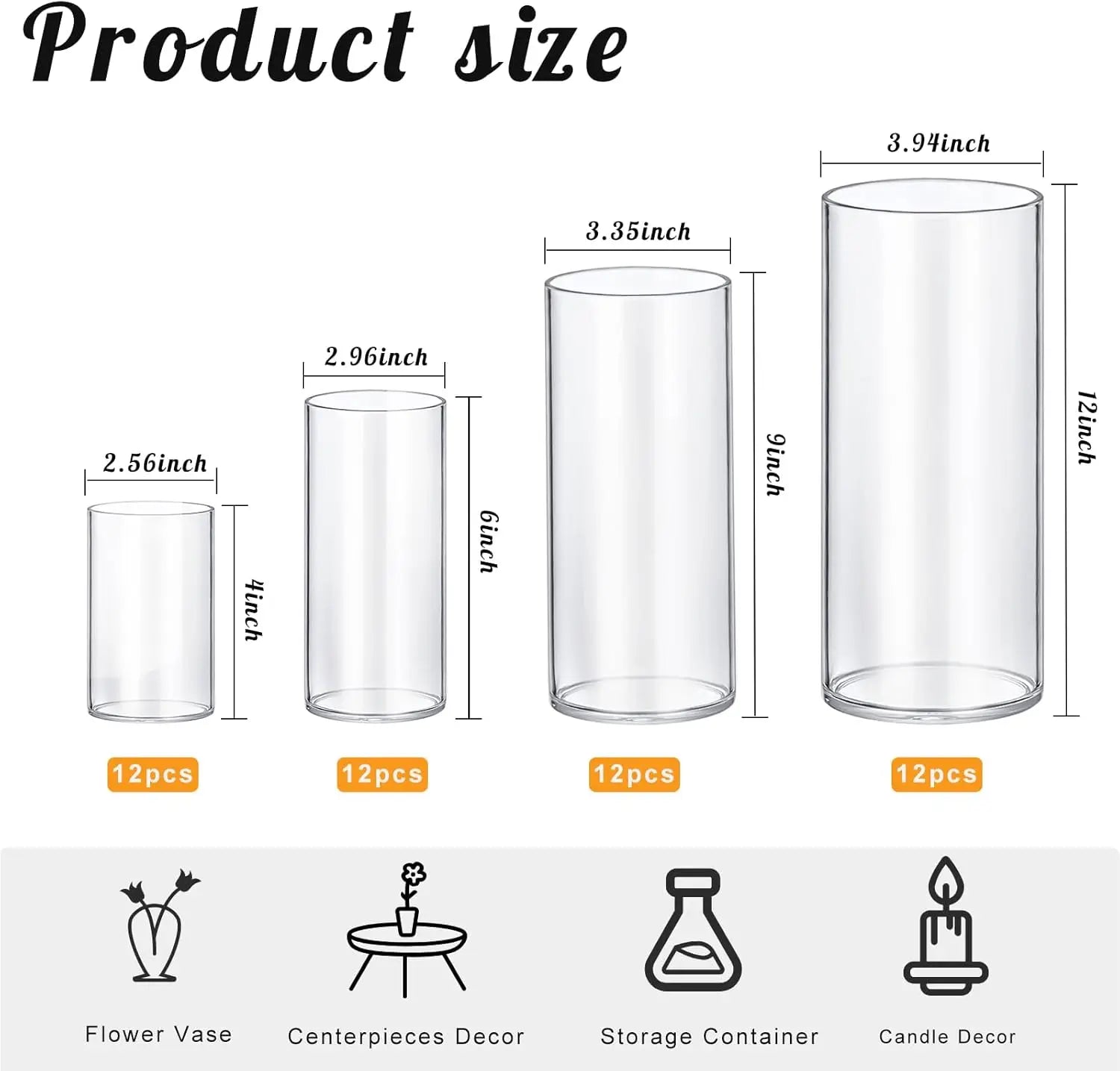 48 Pack Thick Glass Cylinder Vases 4,6,9,12 Inch Tall Clear Flower Vase Hurricane Floating Candle Holder