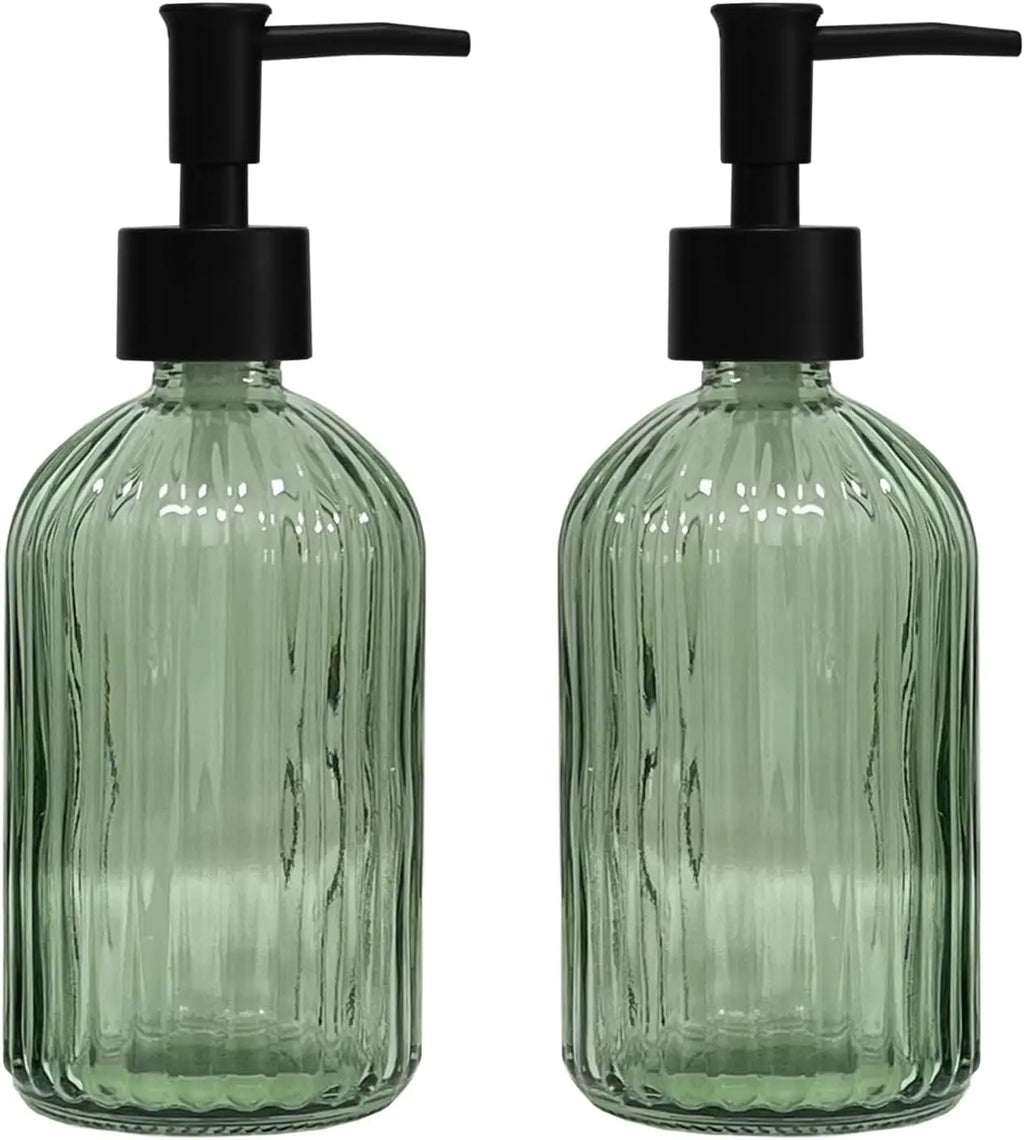 Green Glass Soap Dispenser Set with Black Pump, 13.5oz Refillable 2 pack