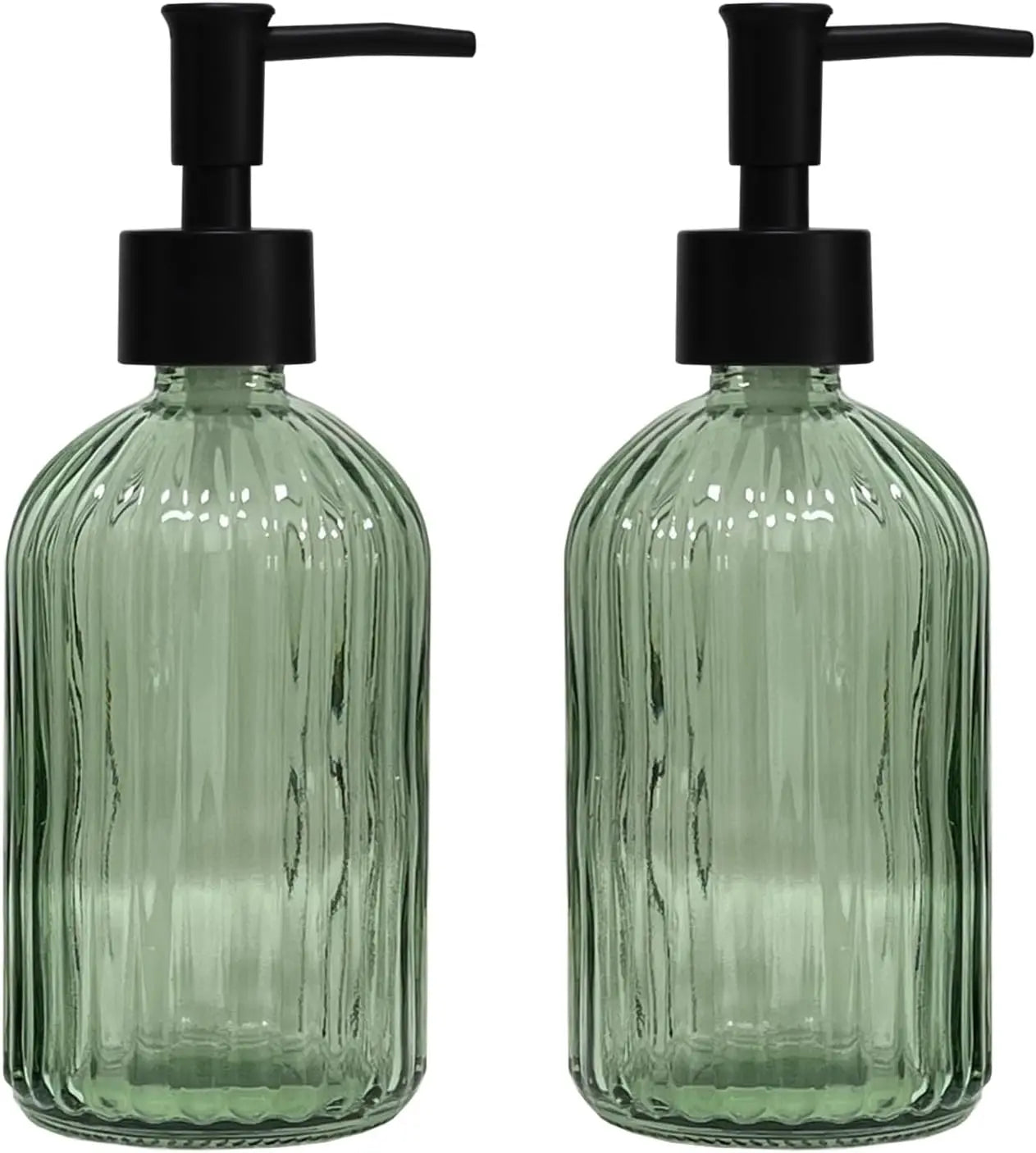 Green Glass Soap Dispenser Set with Black Pump, 13.5oz Refillable 2 pack