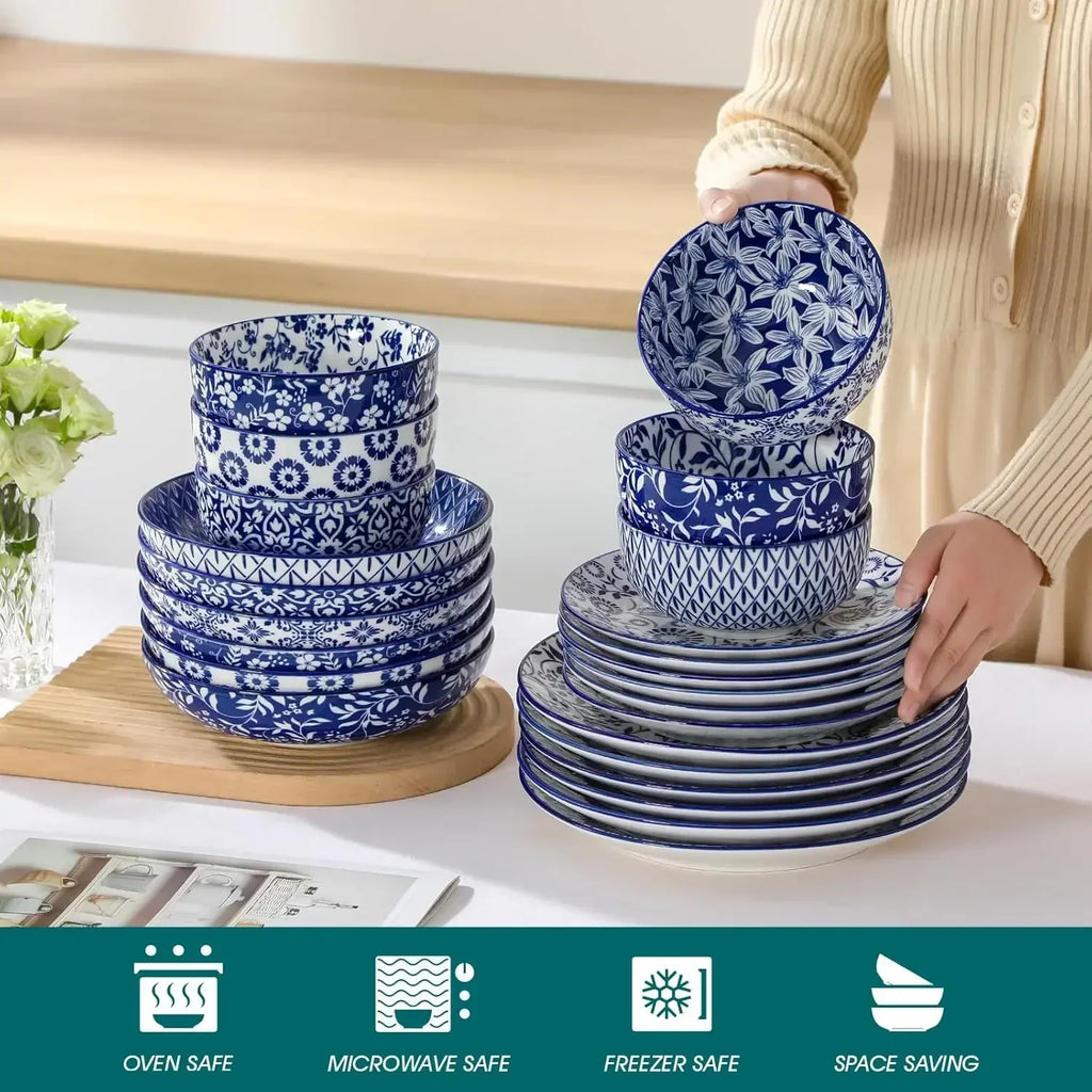 Plates and Bowls Set for 6, 24 Pieces Dinnerware Sets, Mircowave and Dishwasher Safe Dishes Set, Porcelain