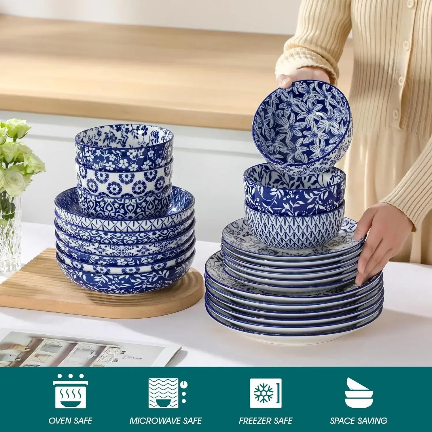 Plates and Bowls Set for 6, 24 Pieces Dinnerware Sets, Mircowave and Dishwasher Safe Dishes Set, Porcelain