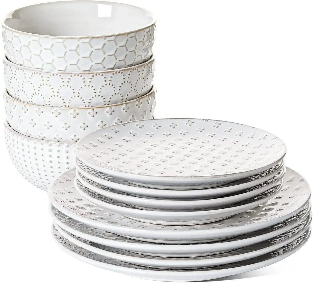 Dinnerware Sets 12 PCS, Ceramic Plates and Bowls Set (10" Dinner Plate + 8" Salad Dish + 26 oz