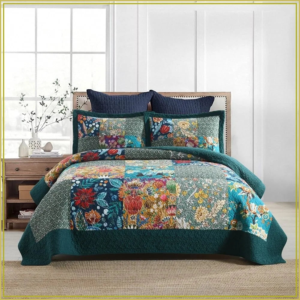 Vintage Patchwork Cotton Bedspread, Reversible Floral Quilt Set, Queen Size