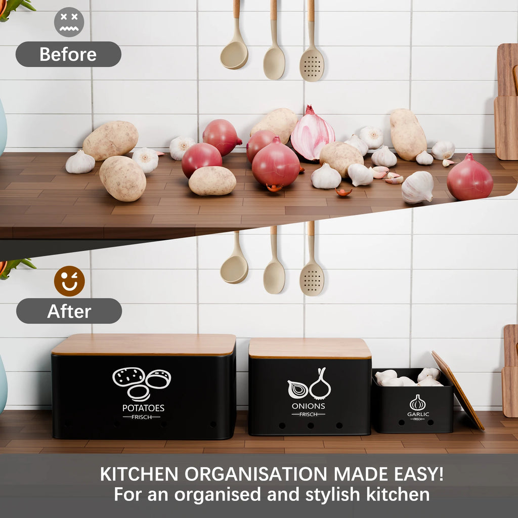 3-Piece Vegetable Storage Box Set, Potato, Onion and Garlic  Kitchen Countertops, With Lid Metal