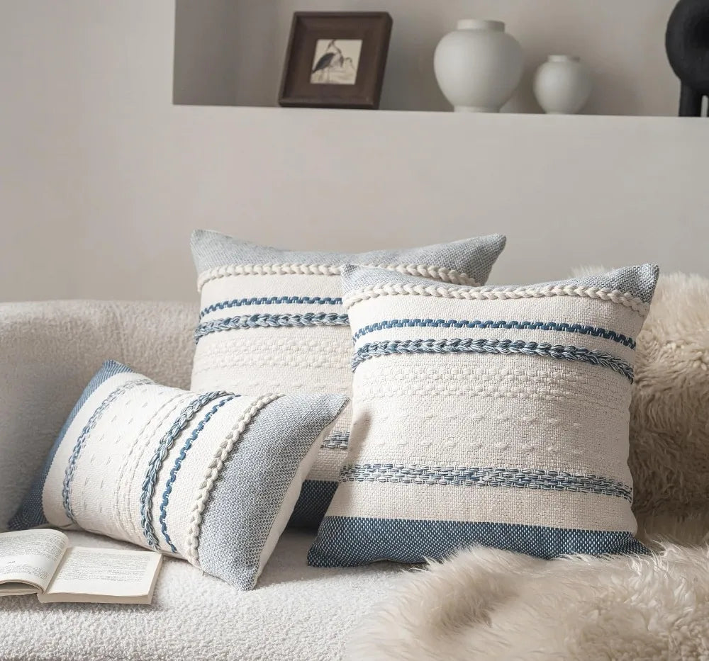 Blue Boho Throw Pillow Covers 18x18 Inch Set of 2, Textured Decorative Couch Cushion Cases for Farmhouse Home Decor