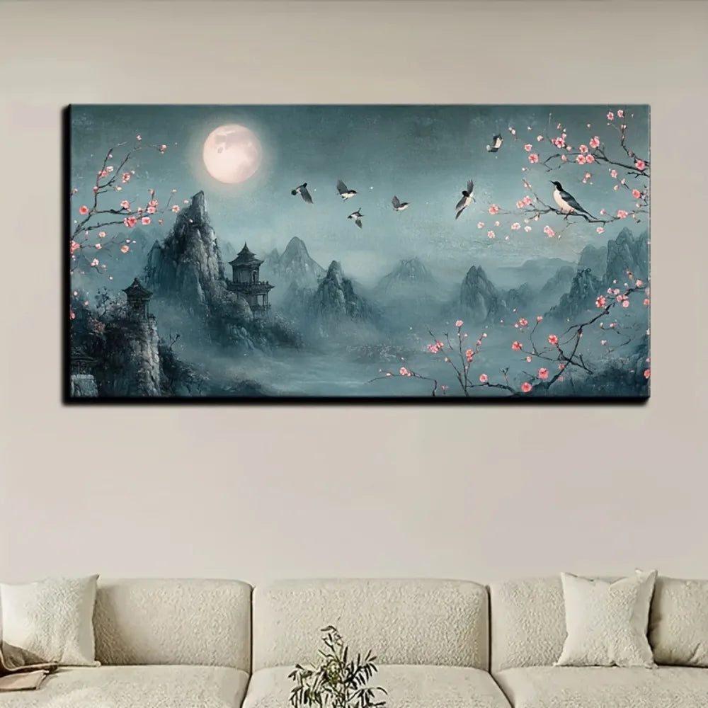 Chinese traditional flower full moon mural, canvas poster i1.5 inch thick pine solid wood frame