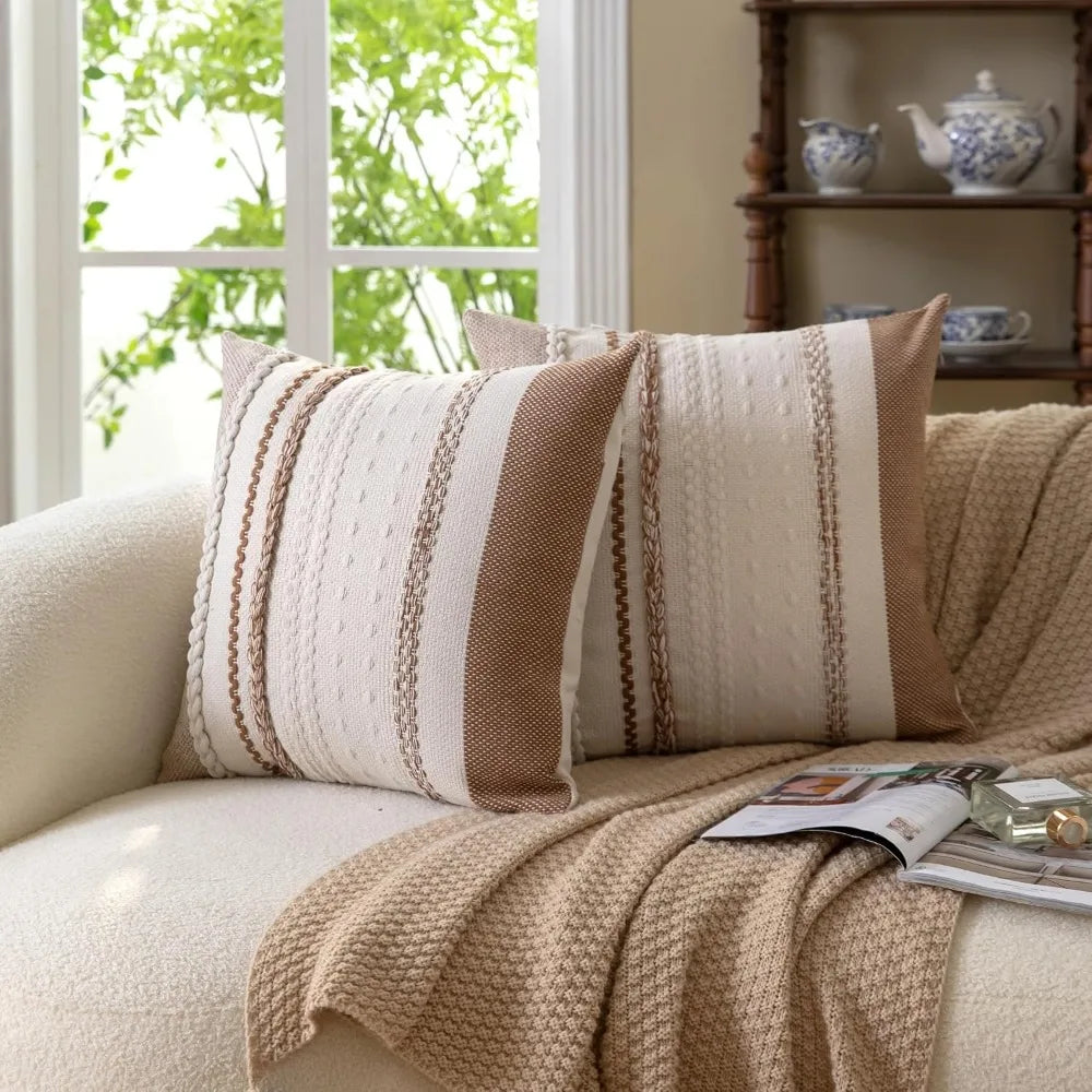 Boho Throw Pillow Covers 18x18 Inch Set of 2, Brown Textured Cover