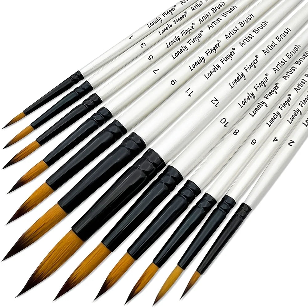 12pcs Premium Artist Synthetic Nylon Paint Brush Set  Round Pointed Tips for Acrylic, Watercolor, Oil & Gouache