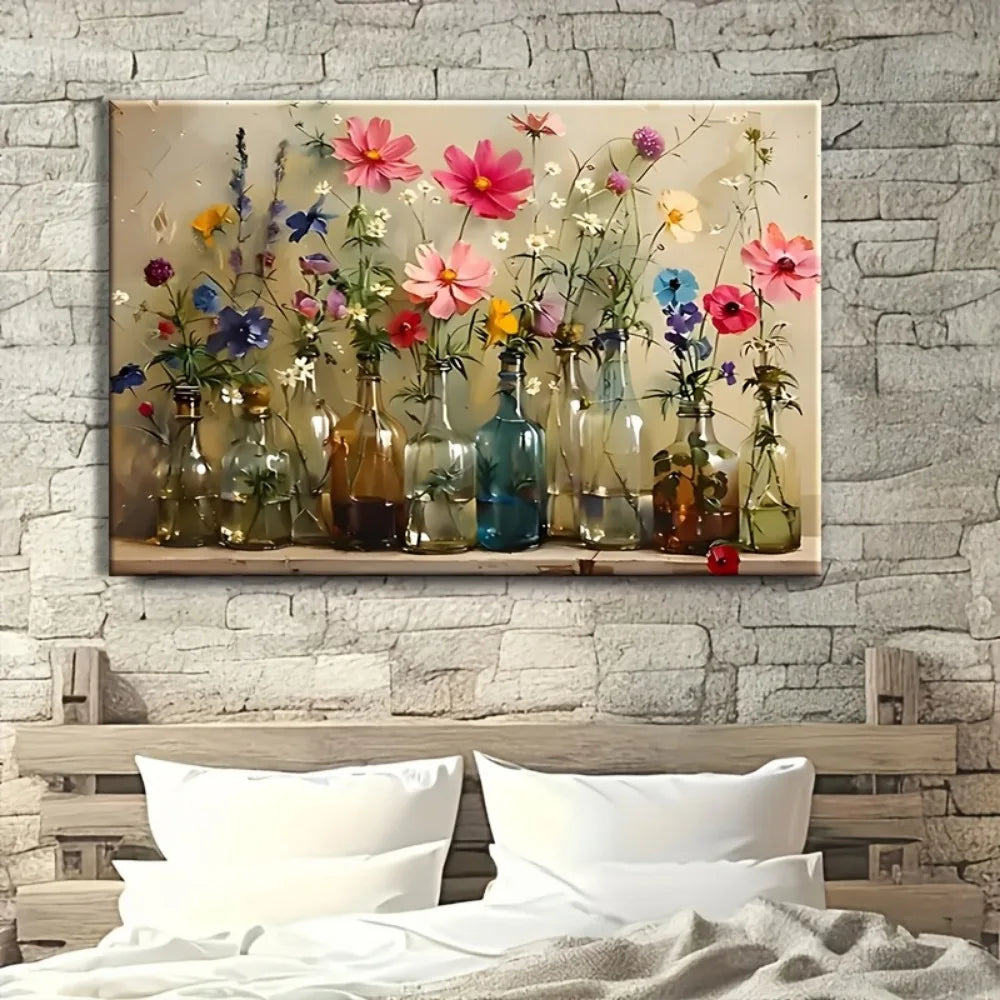 Bohemian floral vase canvas wall art with 1.5" solid wood frame
