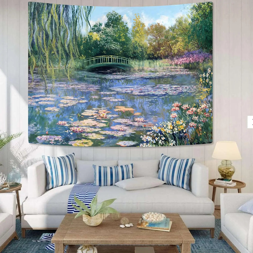 Water Lilies Tapestry Green Floral Wall Art  80x60 Inch