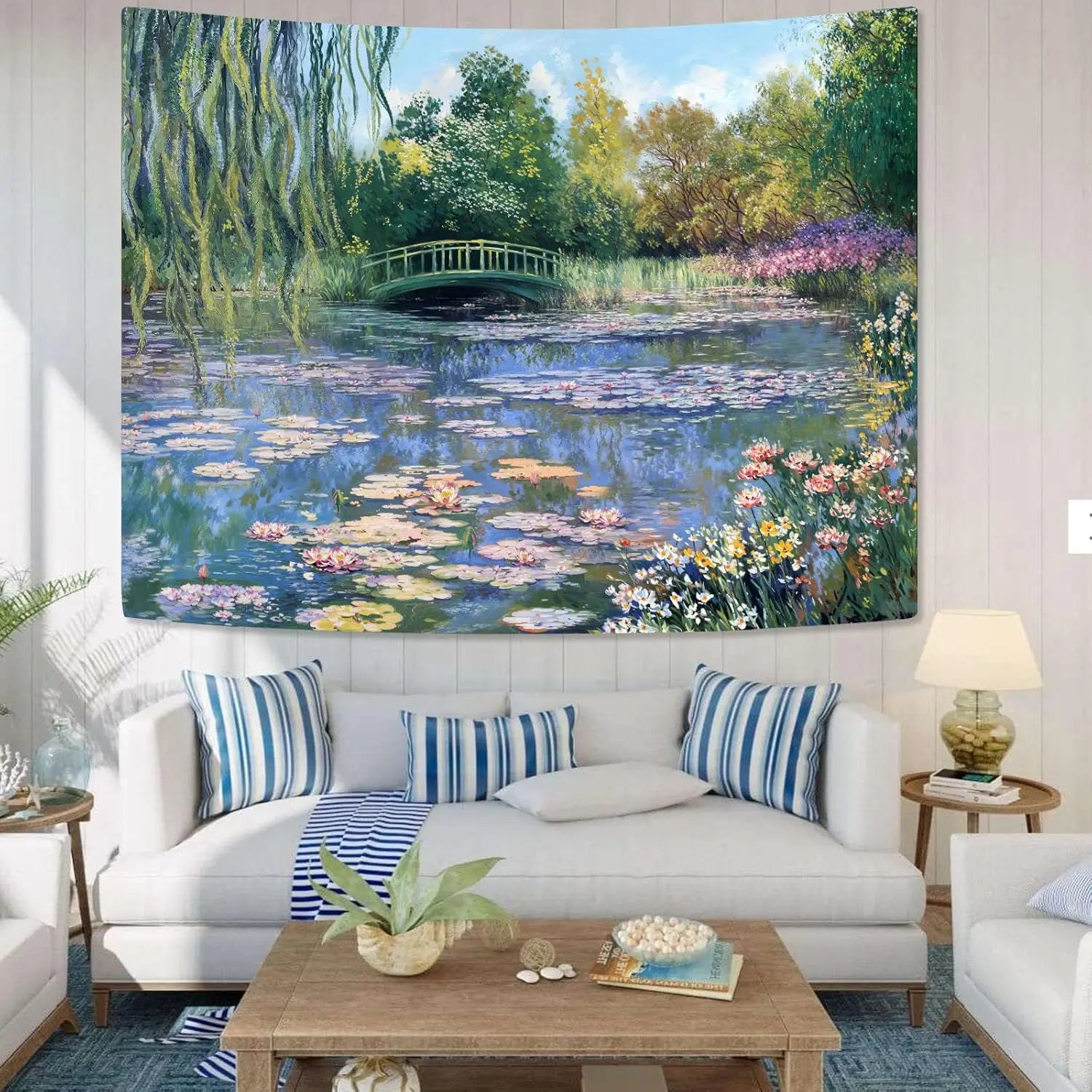 Water Lilies Tapestry Green Floral Wall Art  80x60 Inch