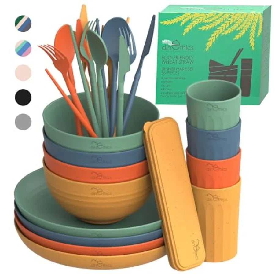 Wheat Straw Dinnerware Sets For 4 - Camping Plates Cups And Bowls Set - Dishwasher Microwave Safe Dishes