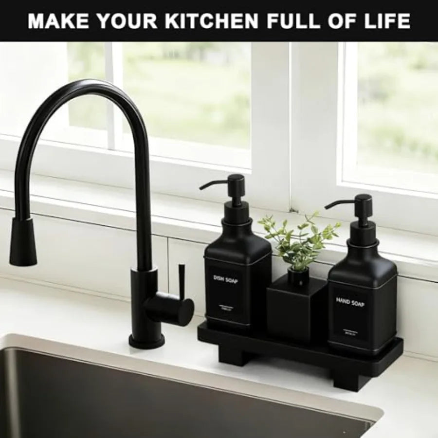 Modern Glass Soap Pump Dispenser Set with Wood Tray