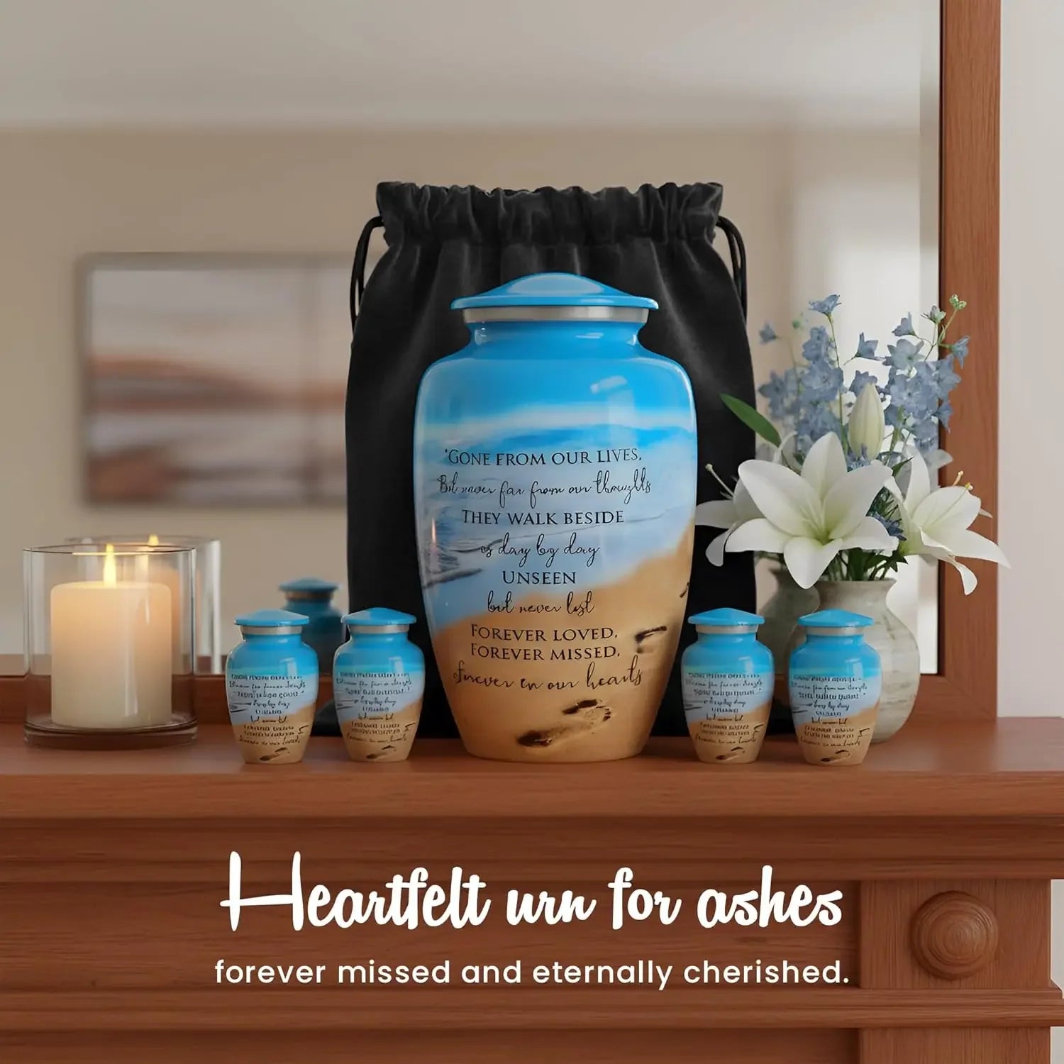Eco-Friendly Ocean Blue Cremation Urn for Ashes for Humans with 1 Lg Urn (220 lbs), 4 Sm Urns & 2 Ash Pendants