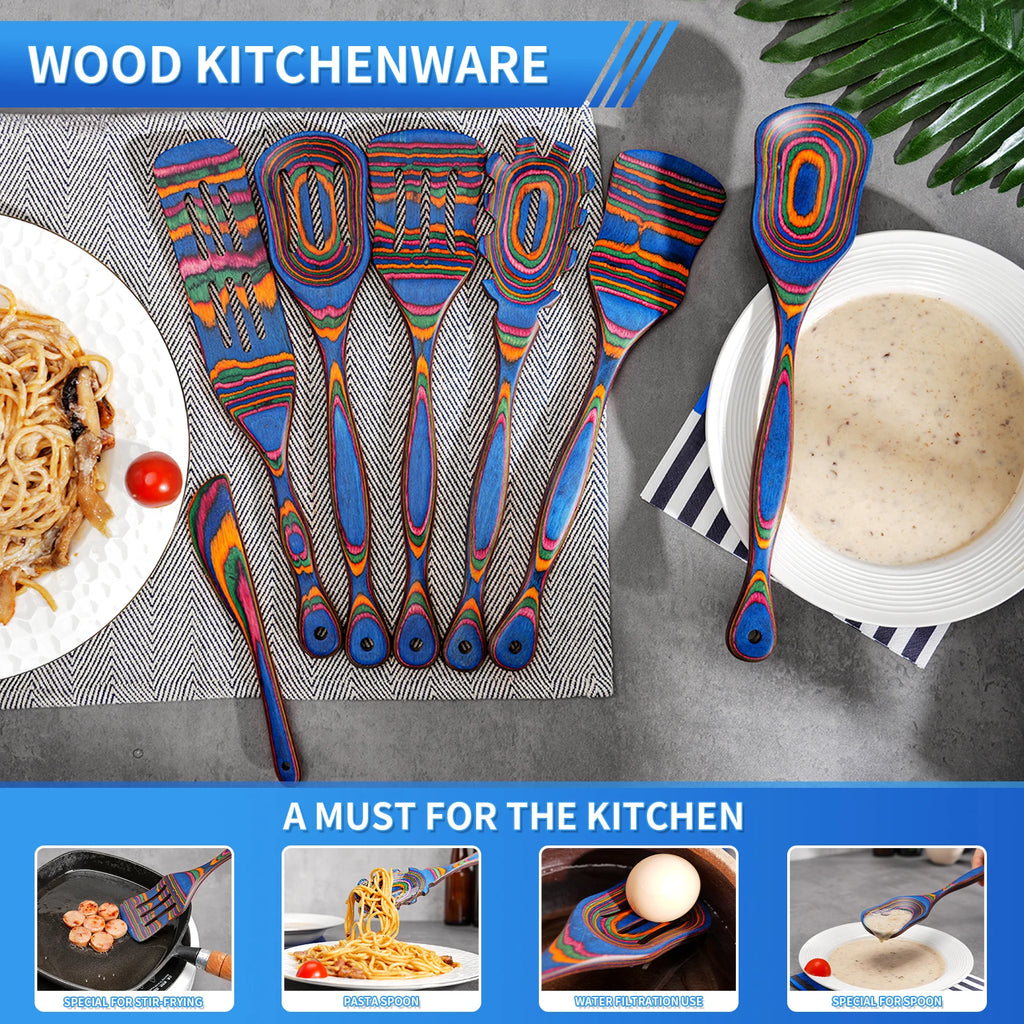 7Pcs Blue Pakkawood Wooden Cooking Utensils,