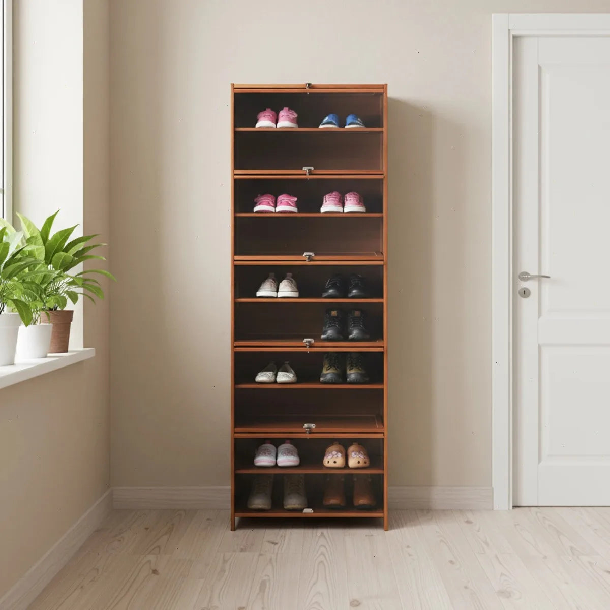 Shoe Cabinet, 11 Bamboo Tier Free Standing Organizer Shelf, Waterproof Storage,, Vintage Brown, Top Platform for Keys Bags Decor