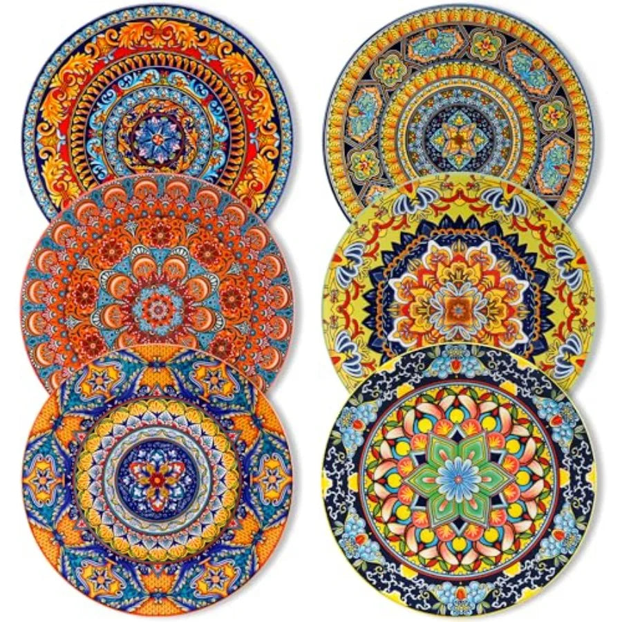 Colorful Dinner Plates Set of 6, 10.5 Inch Ceramic  Bohemian Dishes for Microwave and Dishwasher