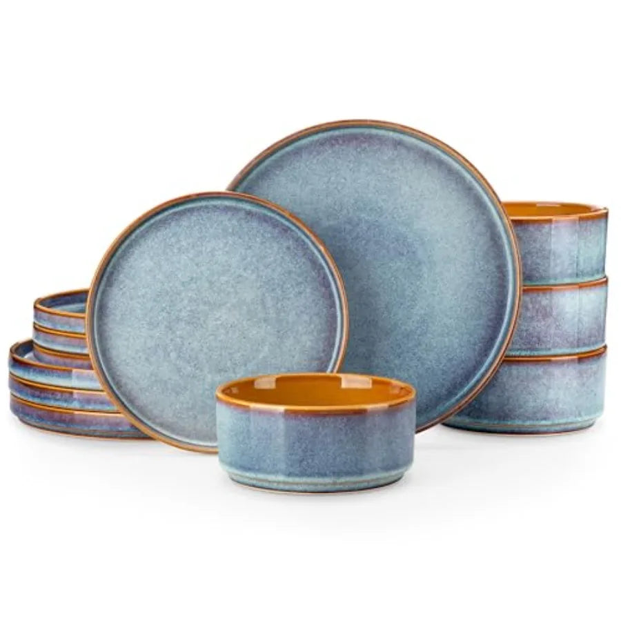 12 Pieces Stoneware Plates and Bowls Sets for 4, Reactive Glaze Dishes Set for Kitchen, Dishwash