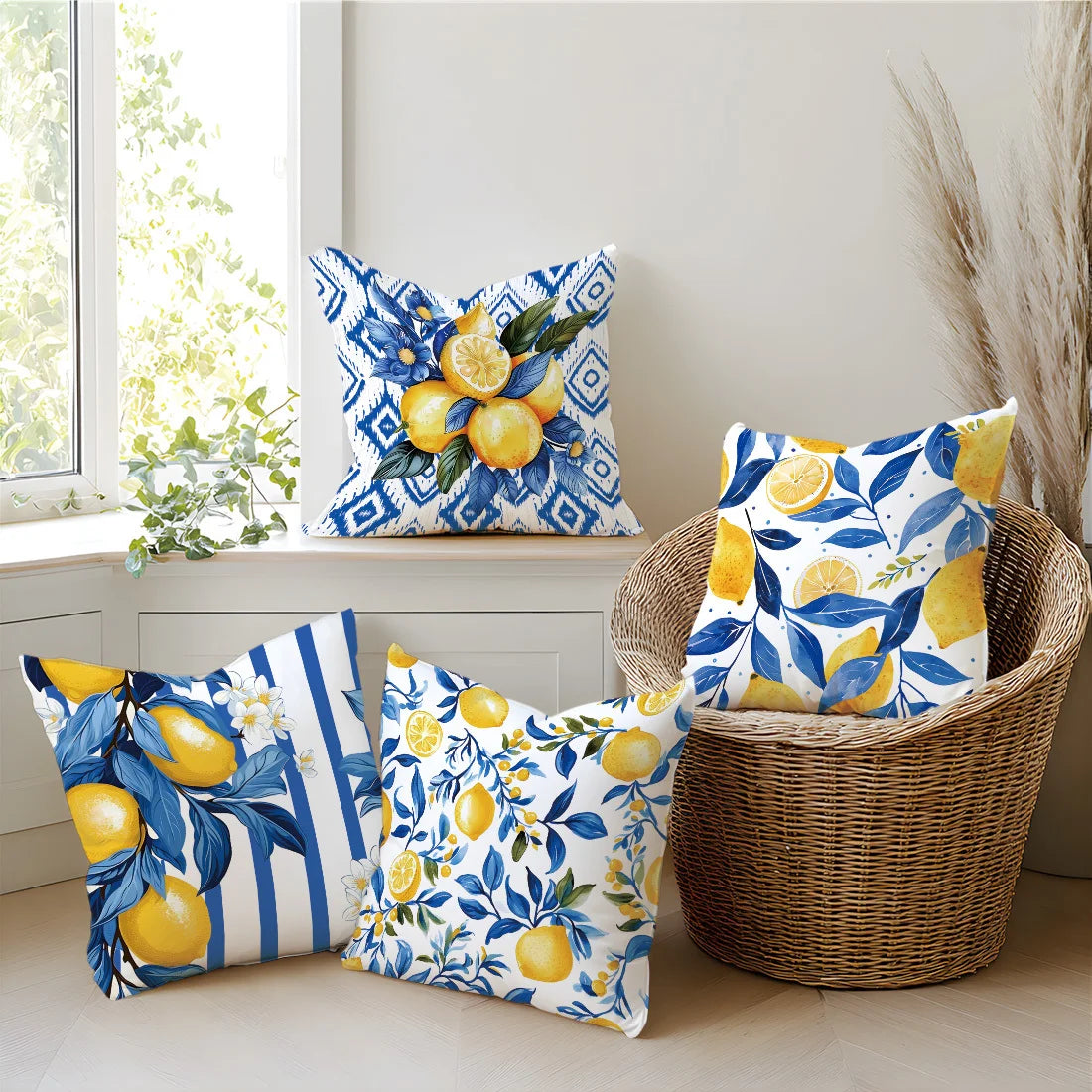4pcs, Single-Sided Printing Pillow Covers, Deep Blue Lemon Illustration