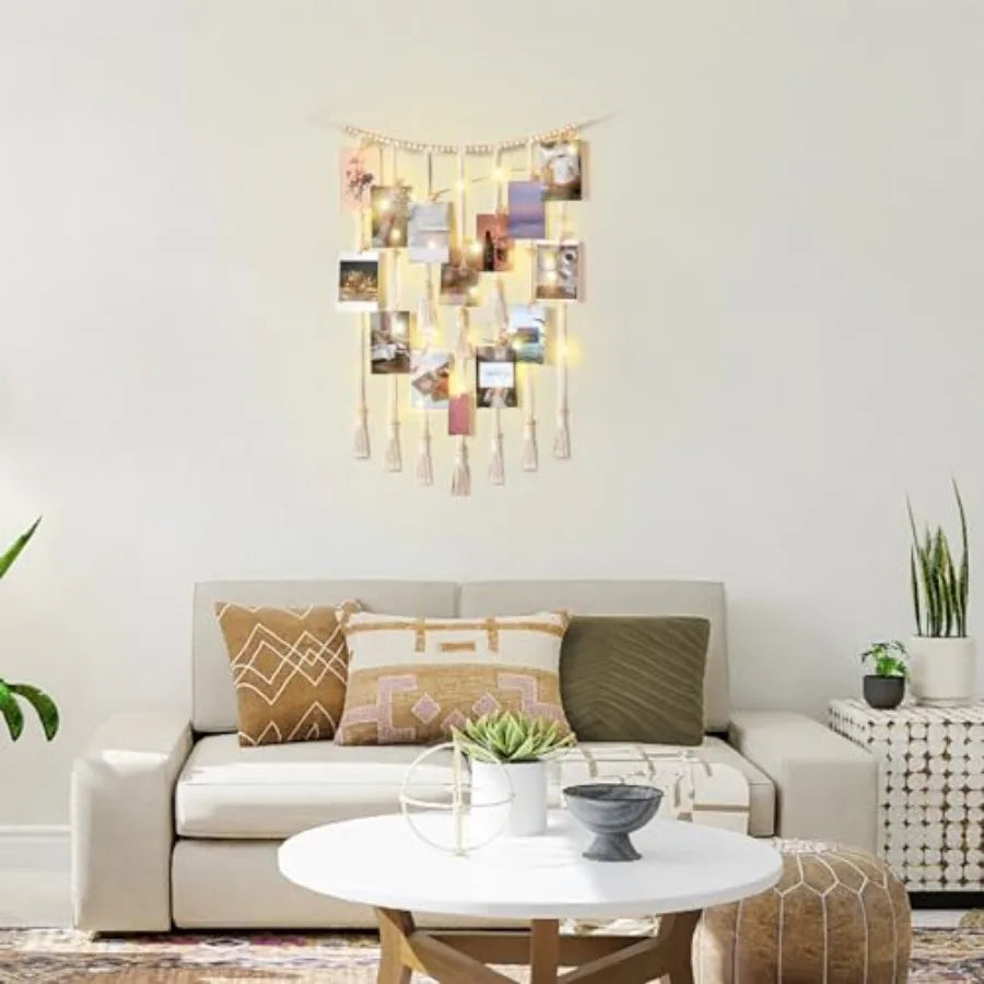 Macrame Hanging Photo Display Wall Decor with String Lights Boho Room Bedroom Wooden Beads Garland Picture