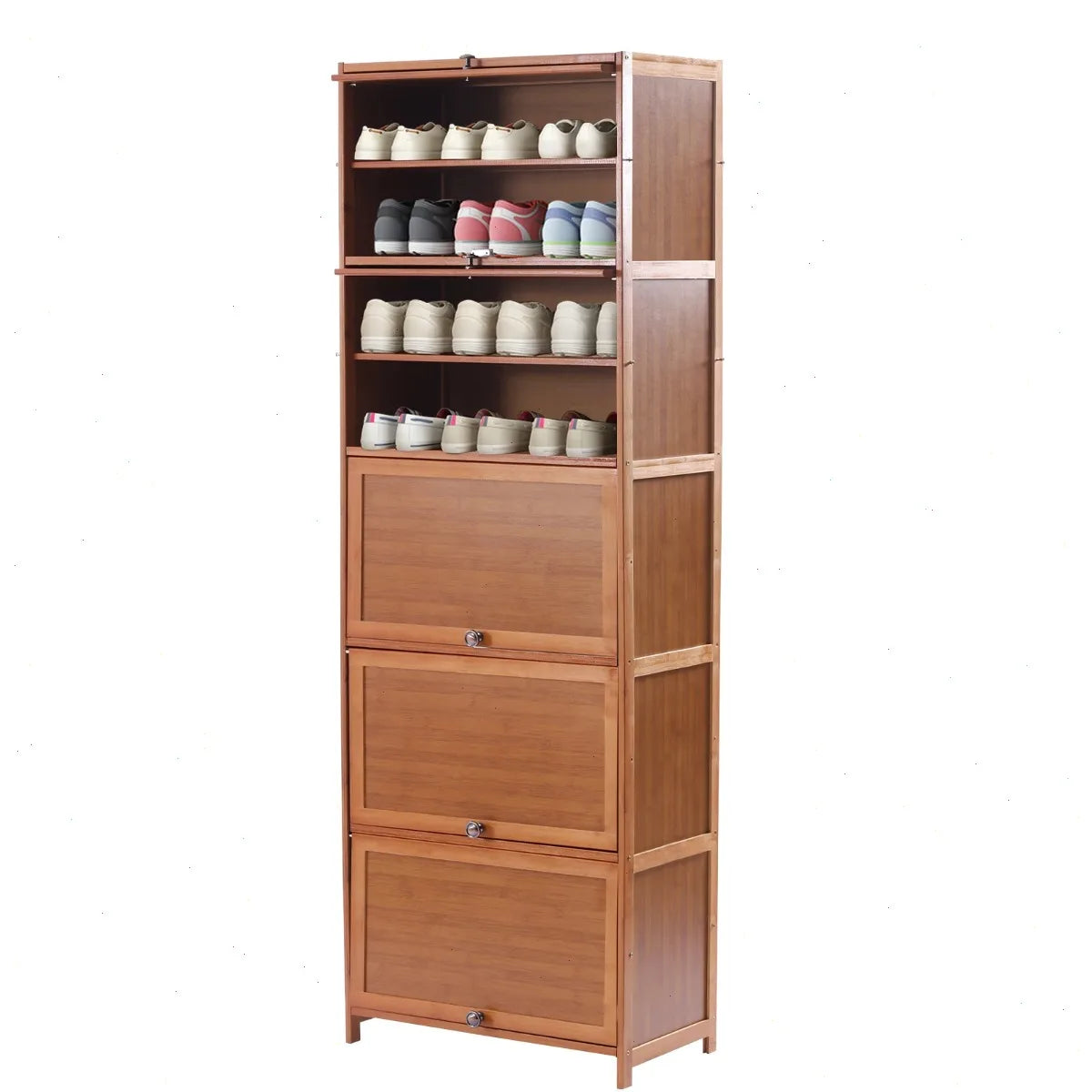Shoe Cabinet, 11 Bamboo Tier Free Standing Organizer Shelf, Waterproof Storage,, Vintage Brown, Top Platform for Keys Bags Decor