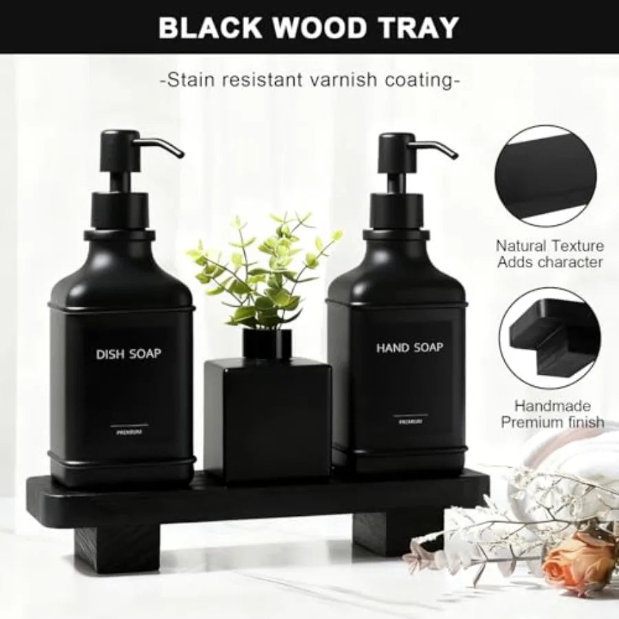Modern Glass Soap Pump Dispenser Set with Wood Tray