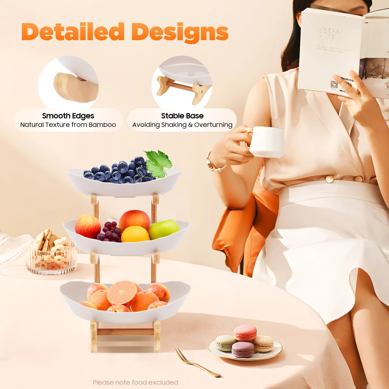 Kitchen Storage Rack Three Tier Fruit Tray Large Detachable Bamboo Stand Space Saving Bowl