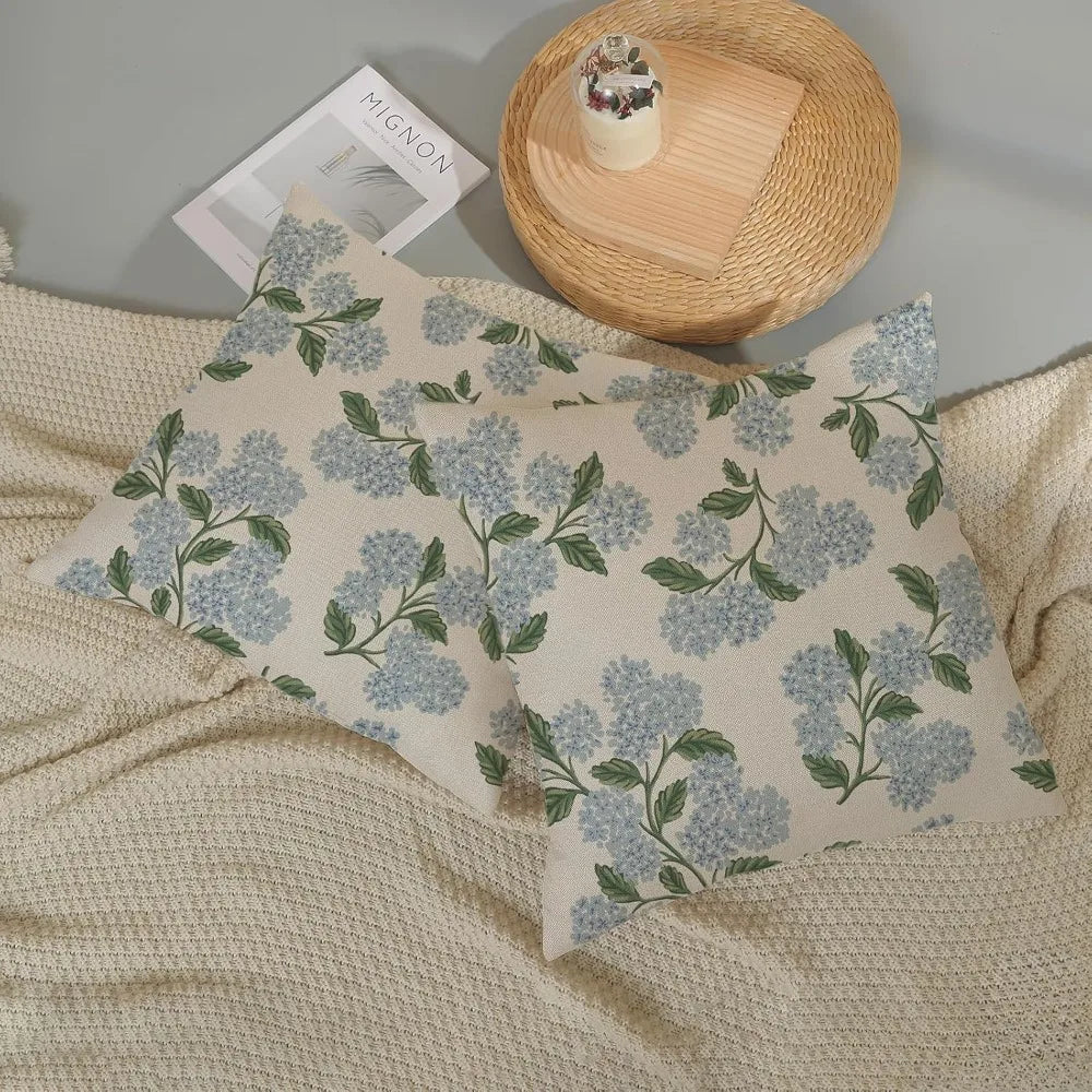 2 pk 18x18 Hydrangea Floral Pillow Covers Blue Green Linen