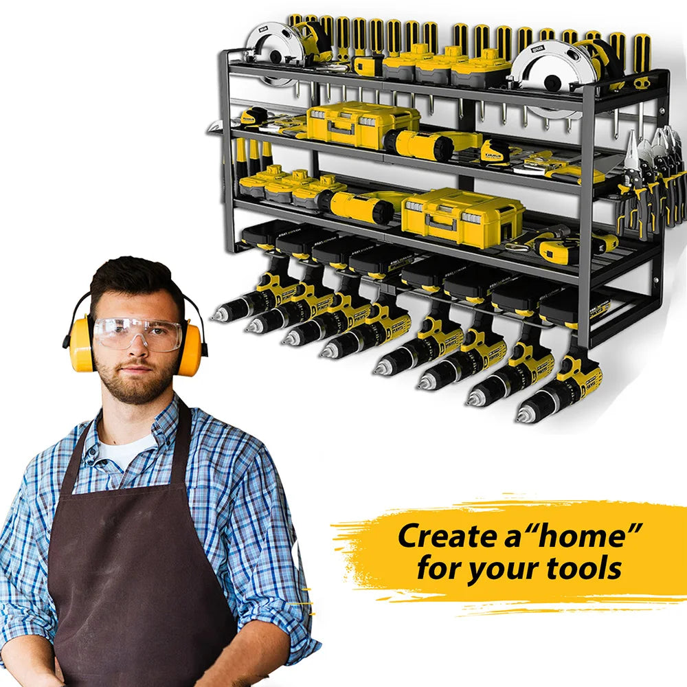Power 8 Tool Storage Rack 4 Layers Organizer- Floating Shelf Wall Mount Heavy Duty Iron Drill Holder for Basement Workbench