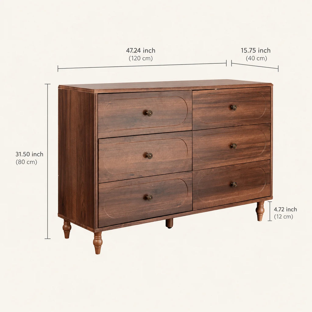 Stylish Mid-Century Modern 6-Drawer Dresser – 47” Wide Dark Walnut Wood Chest with Solid Legs