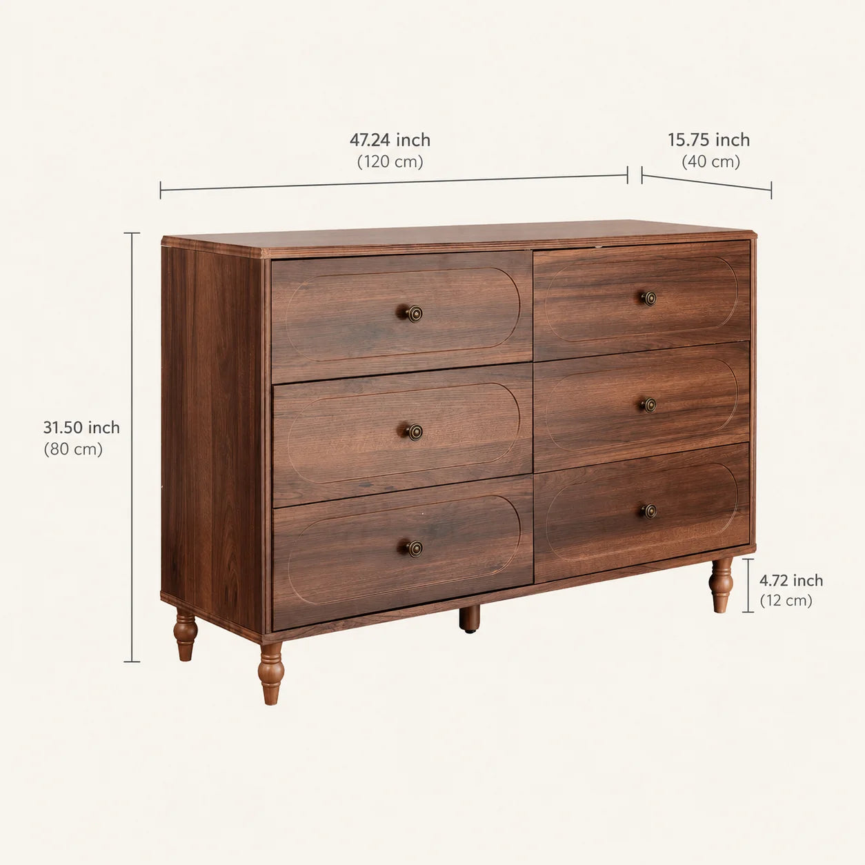 Stylish Mid-Century Modern 6-Drawer Dresser – 47” Wide Dark Walnut Wood Chest with Solid Legs
