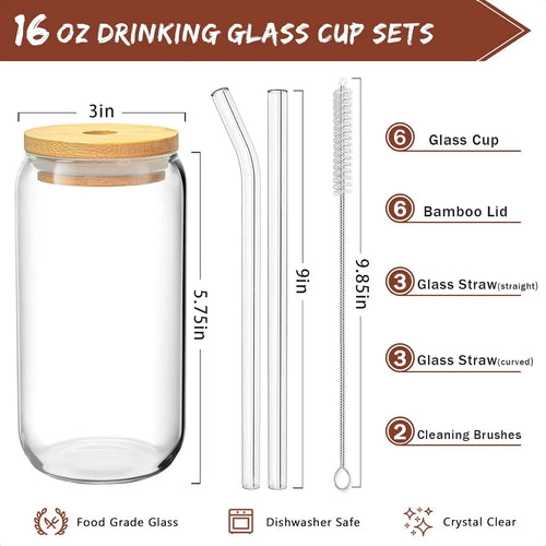 16 Oz  8 Pc Set Glass Cups with Bamboo Lids and Straws - 2 Cleaning Brushes