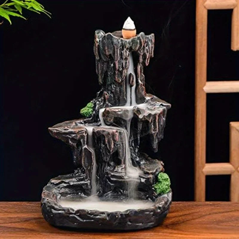 Waterfall Monk Incense Burner Mountain Tower Stone Brown