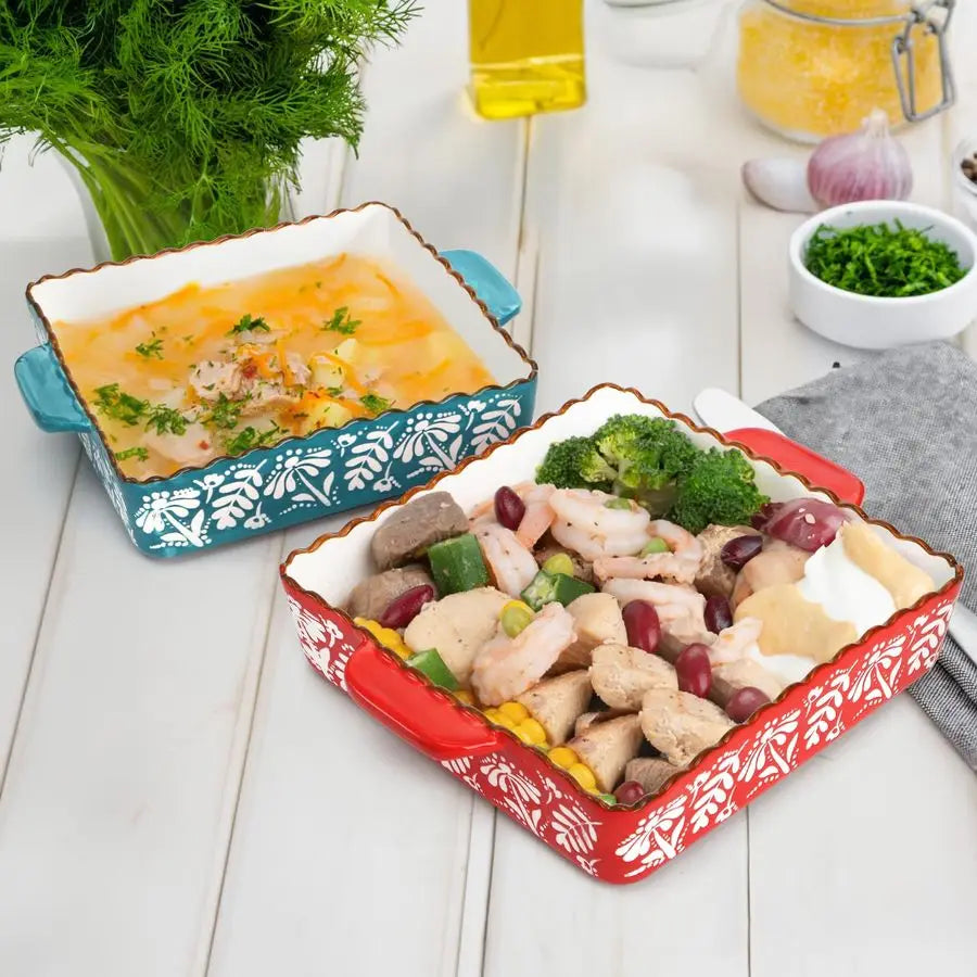 Pack Ceramic Baking Dish, 9 x 9 inch Porcelain Square ,Double Handle, Blue, Red