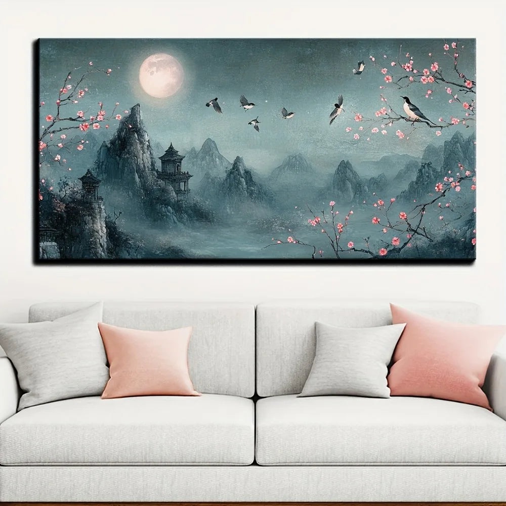 Chinese traditional flower full moon mural, canvas poster i1.5 inch thick pine solid wood frame