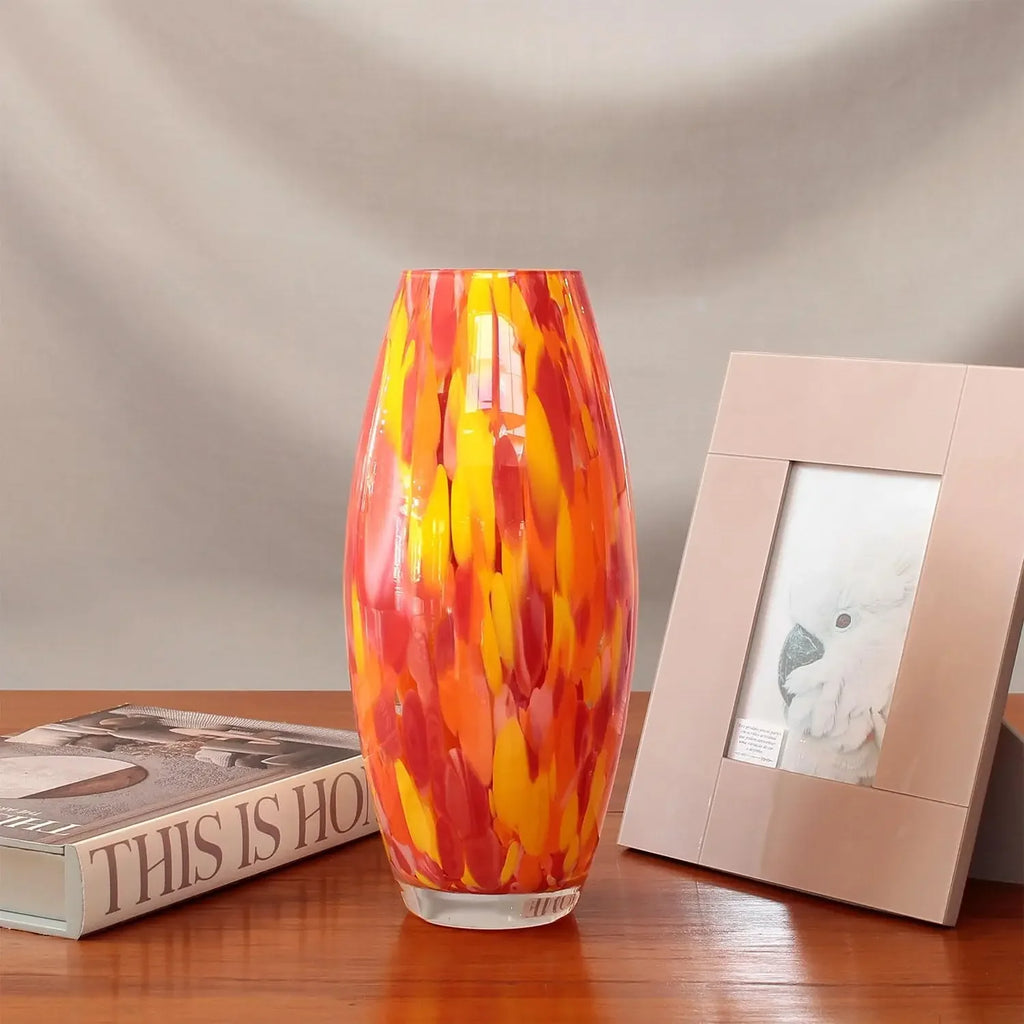 Hand Blown Orange Yellow Confetti Art Glass Vase Murano Style For Flower Decor