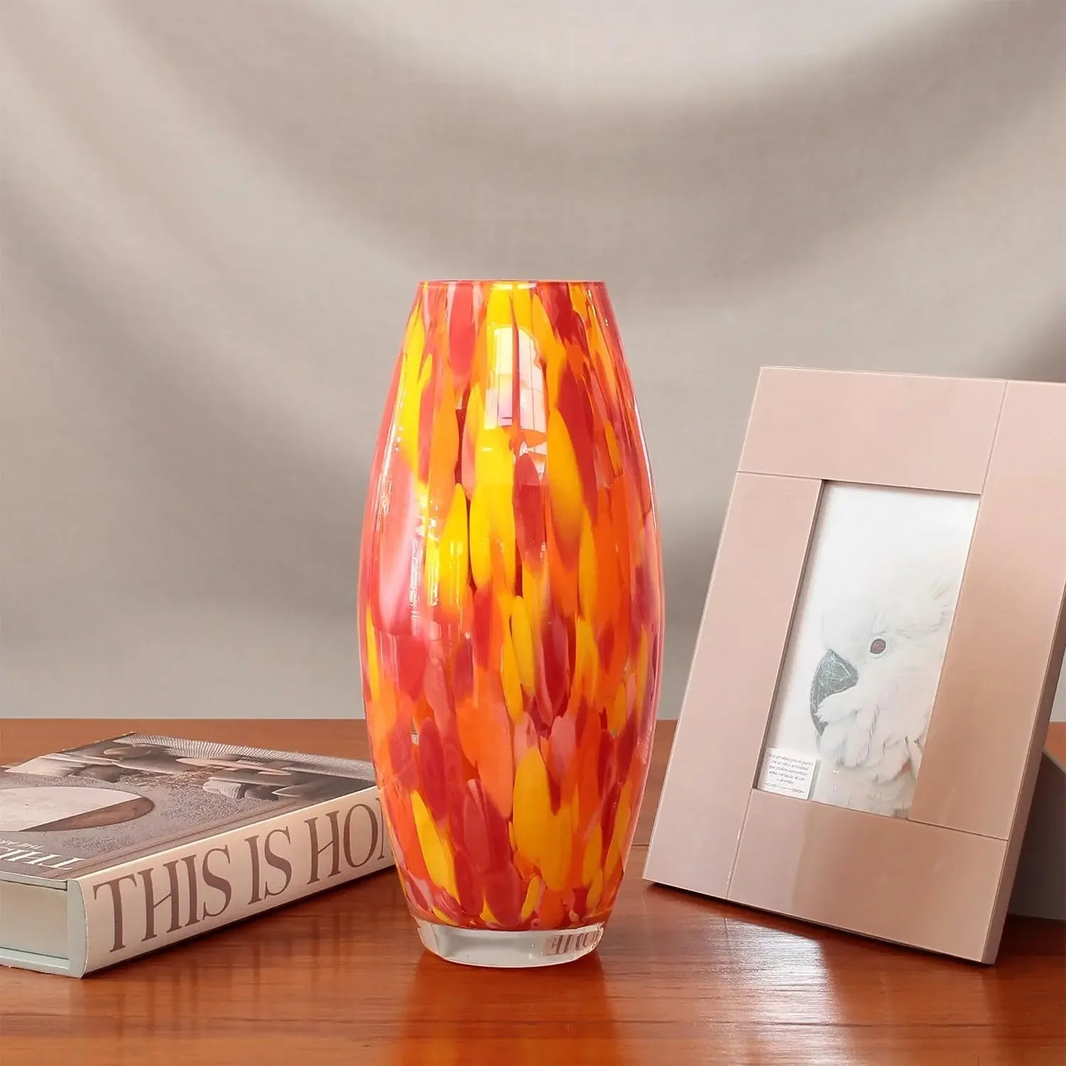 Hand Blown Orange Yellow Confetti Art Glass Vase Murano Style For Flower Decor