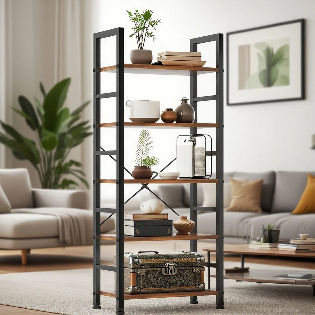 5 Tier Bookshelves,  Shelf Storage Organizer, Free Standing Vintage Style