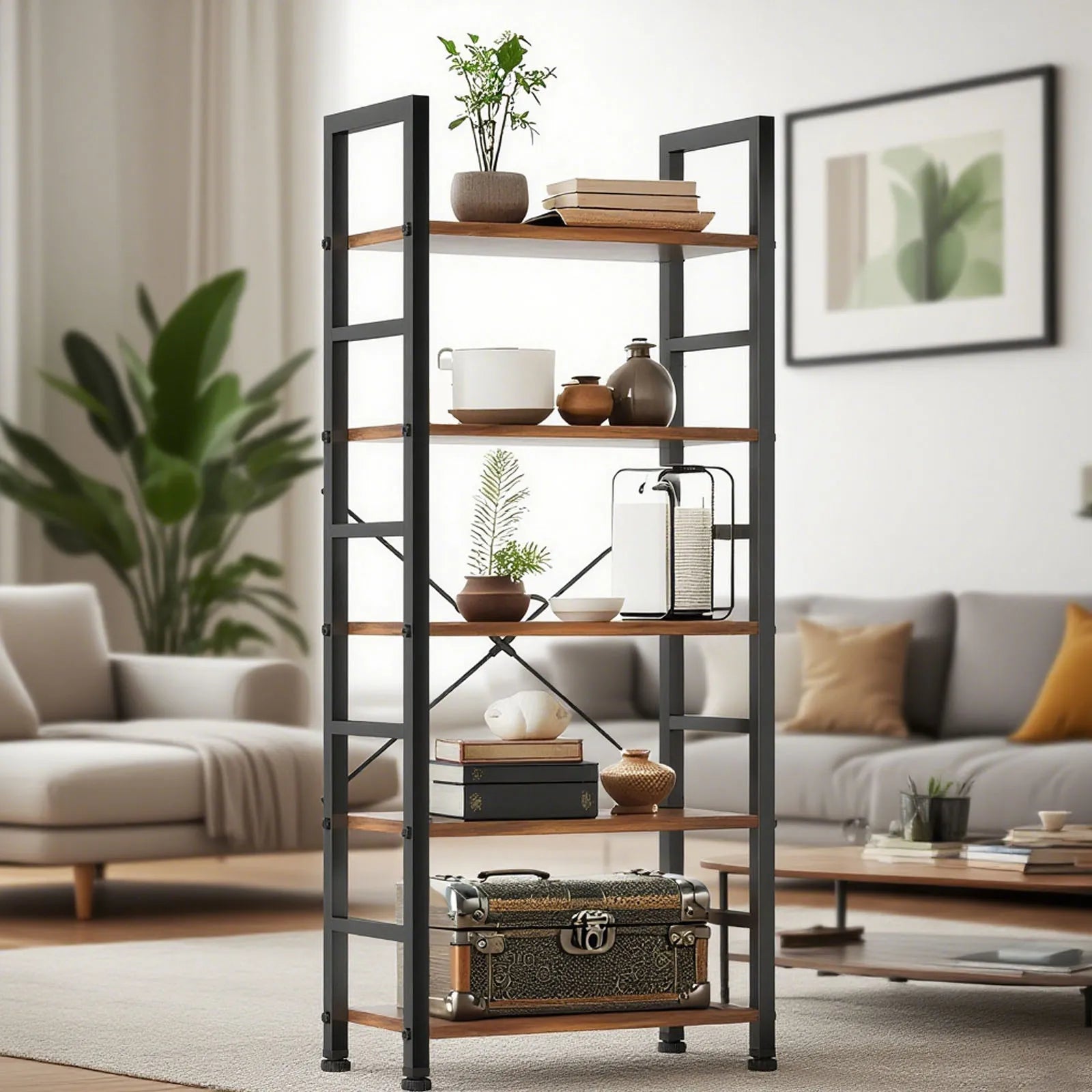 5 Tier Bookshelves,  Shelf Storage Organizer, Free Standing Vintage Style