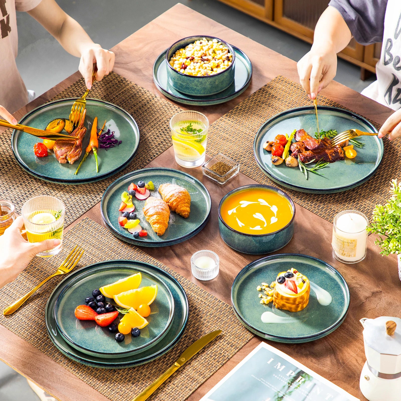 Vancasso 12/24/36 Black Green Reactive Glaze Piece Dinner set Vertical edge 4PCS Dinner Plate/ Dessert/Bowl
