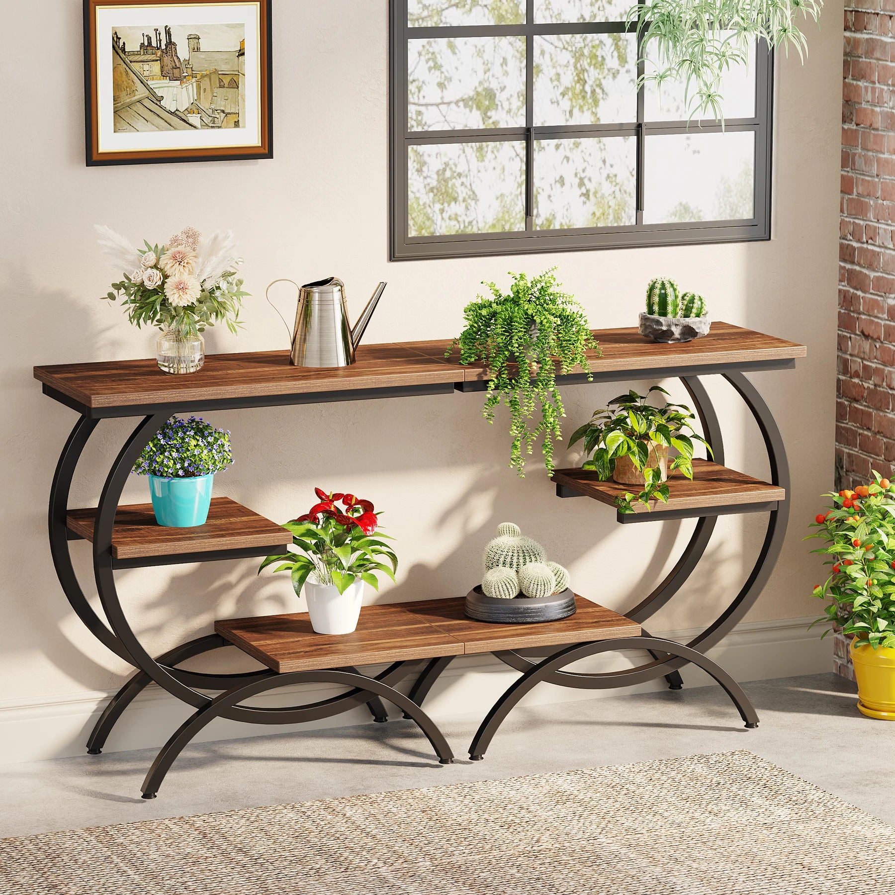 C-Shaped End Table, Industrial 3-Tier Small Table Wood with Storage Shelves