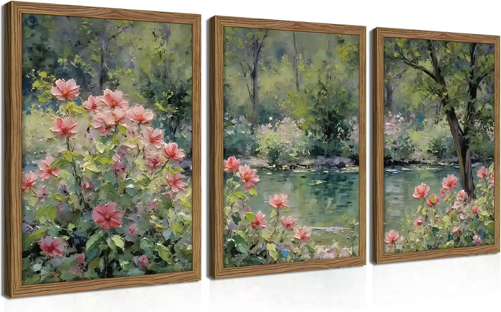 Impressionist Floral Canvas Wall Art Set of 3, Vintage Botanical Prints 12x16 Inch Framed